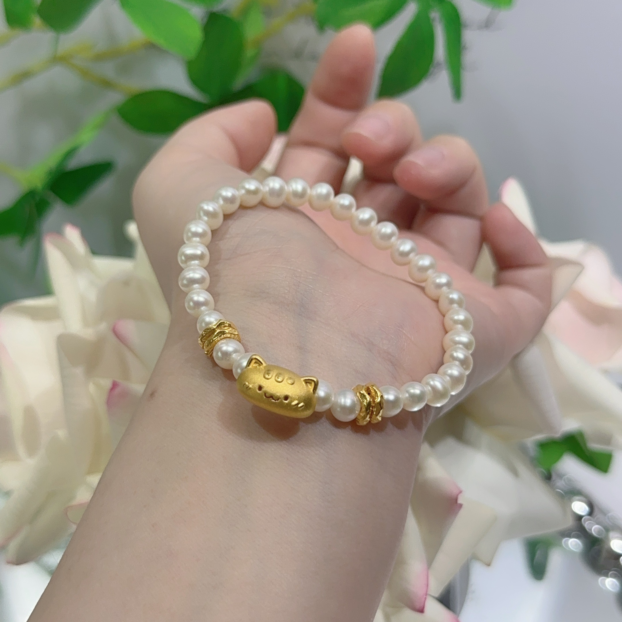 天然珍珠真金足金999法棍猫盘缠女士手链时尚气质百搭仙女款