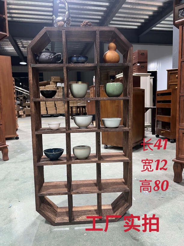 532新中式墙面置物架实木挂墙烧桐木紫砂壶置物架茶叶架收纳格子