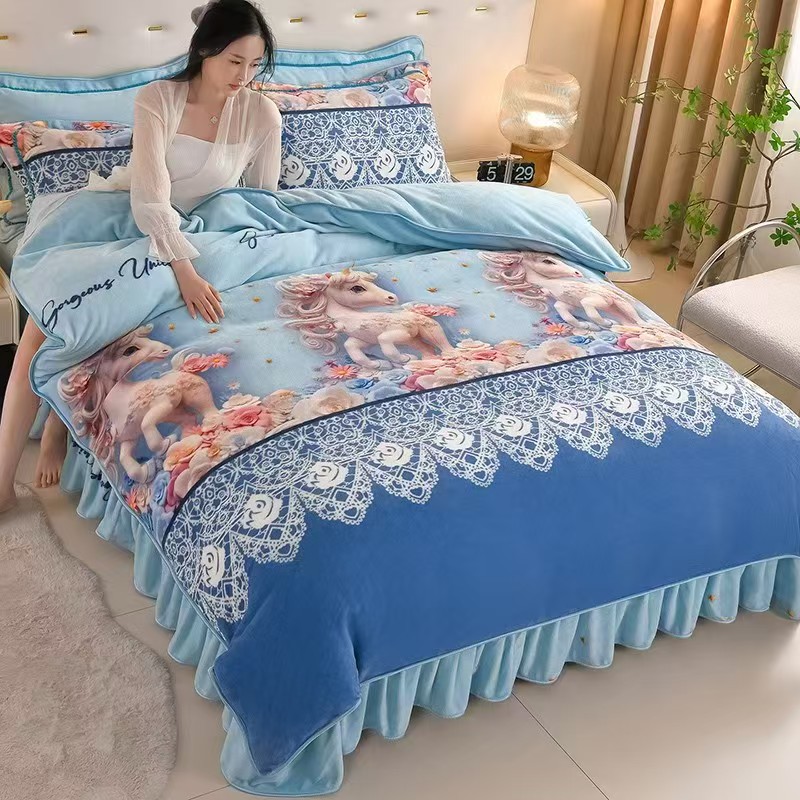 【D粉丝专享】高克重牛奶绒四件套床裙款加厚冬季-马到成功