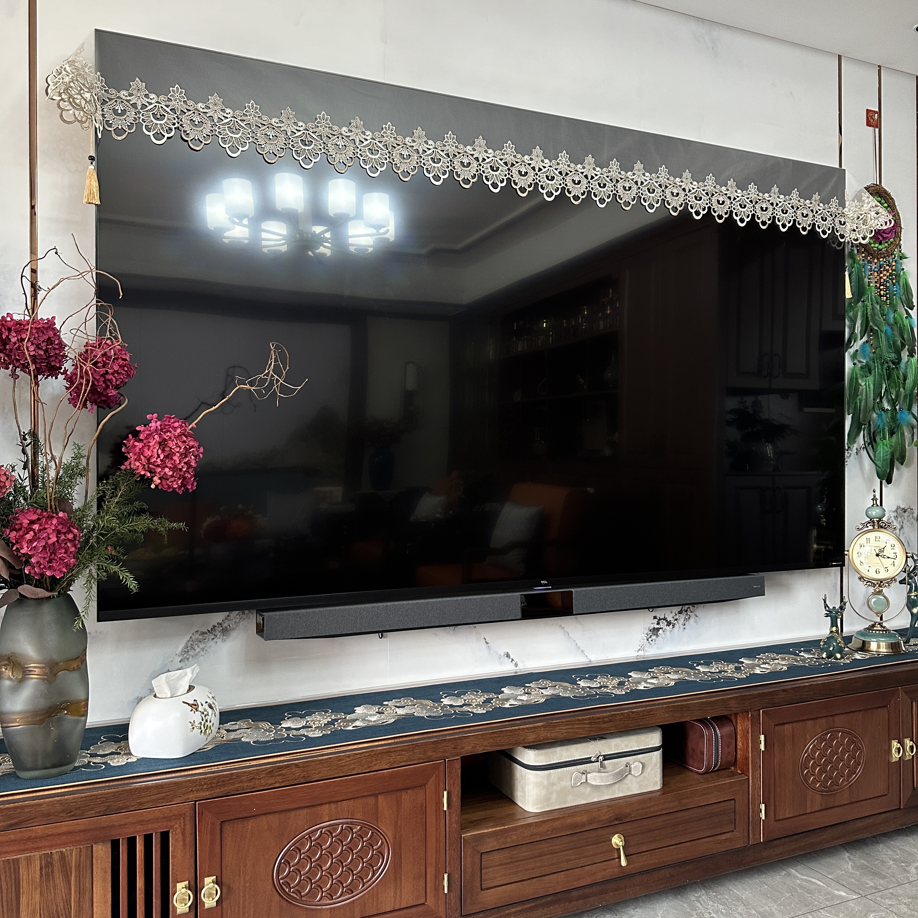 蕾丝电视盖布盖巾开机不取长条电视防尘罩电视机防尘罩电视机罩