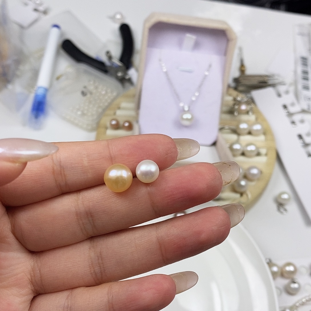 林****淡水珍珠白珍珠+香槟金裸珠发银S925镶嵌