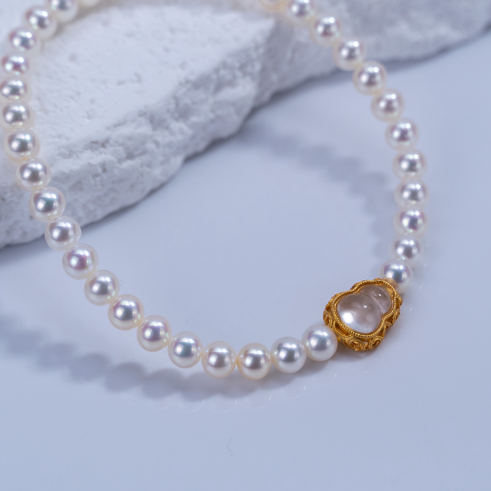 【珠玉】925银淡水白片珍珠葫芦弹力绳手链4-5mm