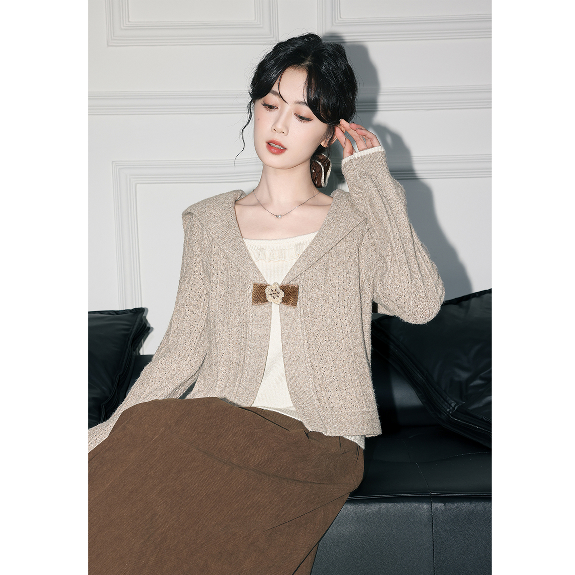 海军领假两件毛衣女秋季2025春秋新款复古美拉德针织衫套头短上衣