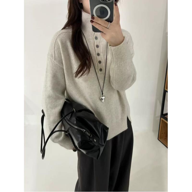 7301#秋冬大码显瘦时尚软糯立领休闲百搭宽松针织衫纽扣半高领