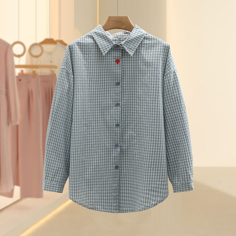【芙】纯棉宽松爱心扣子格子衬衫2025春季新款设计师品牌女装
