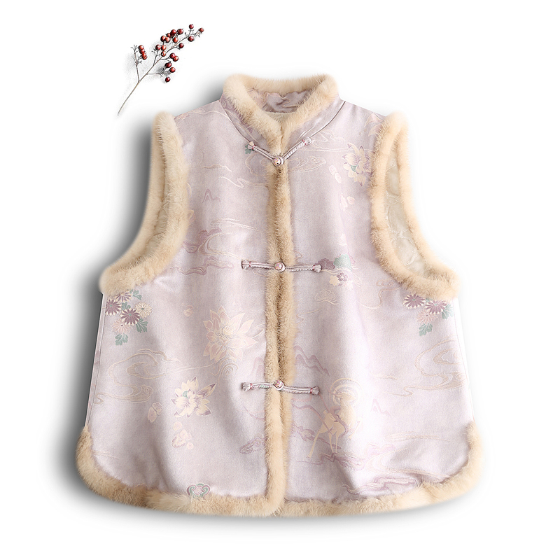 【紫花奔鹿】2025气质立领马甲国风温柔马夹桑蚕丝拼水貂毛中国风