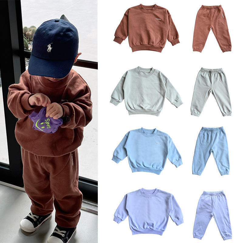 套头卫衣新款纯色两件套洋气幼儿园bi入秋冬男女童宽松舒适套装