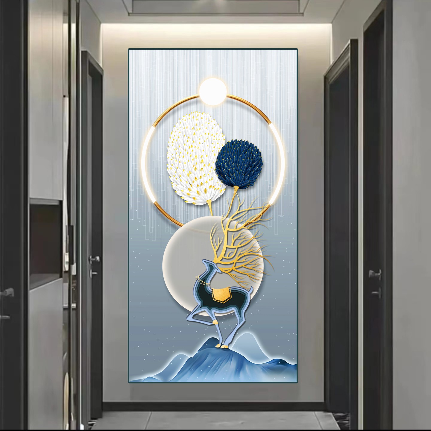 【甄选版】玄关画【羽鹿高升2】9003晶瓷镶钻装饰画