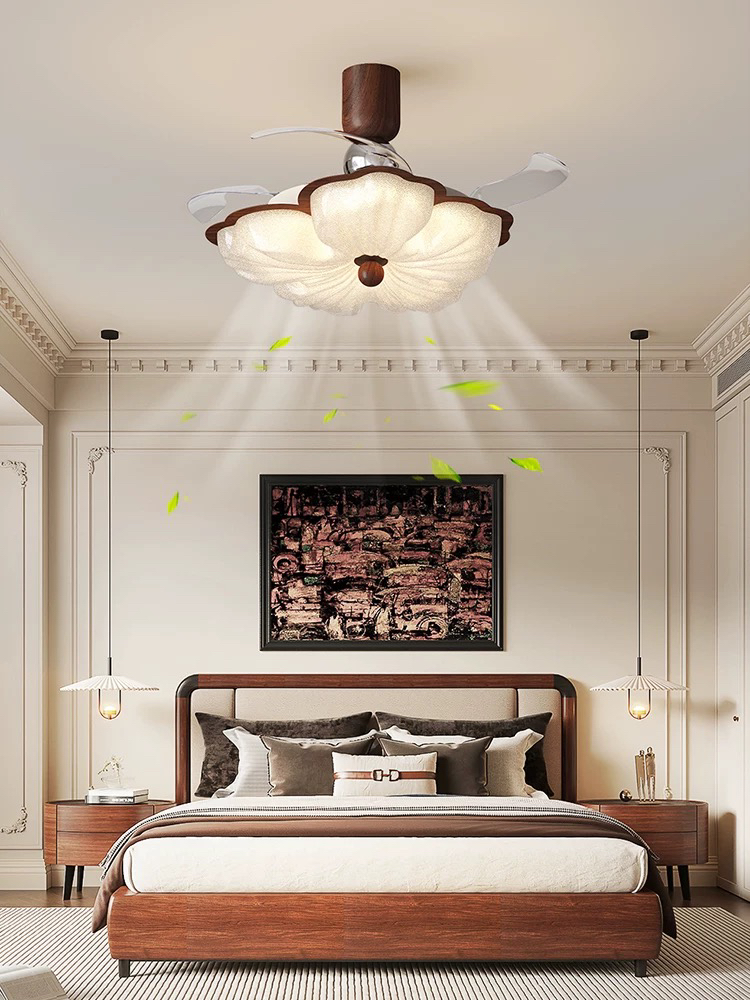 高档法式中古风扇吊灯新款复古奶油花形吊扇灯卧室餐厅餐厅灯吊灯