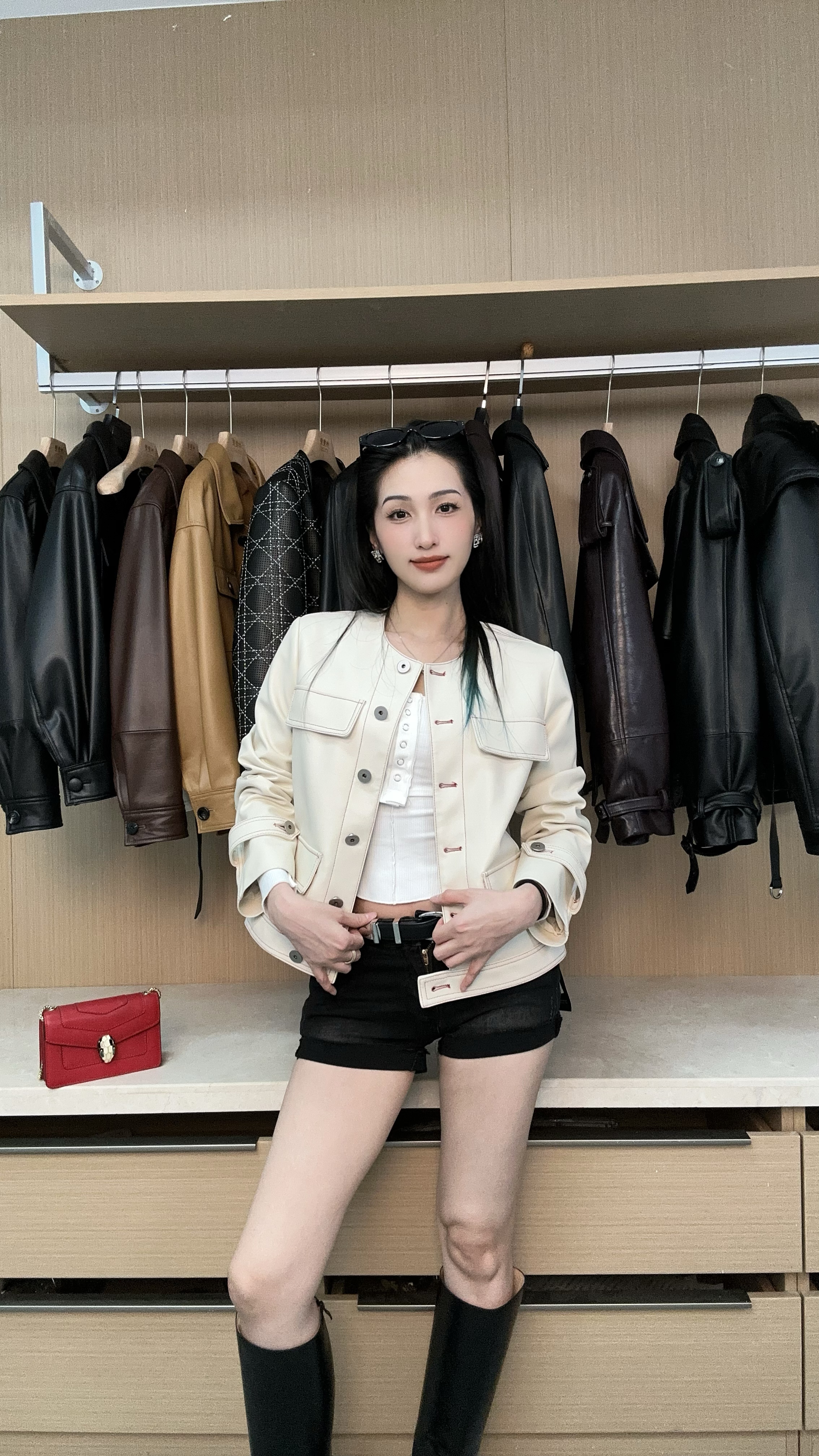 【林林子】设计师新款白色修身款羊皮夹克