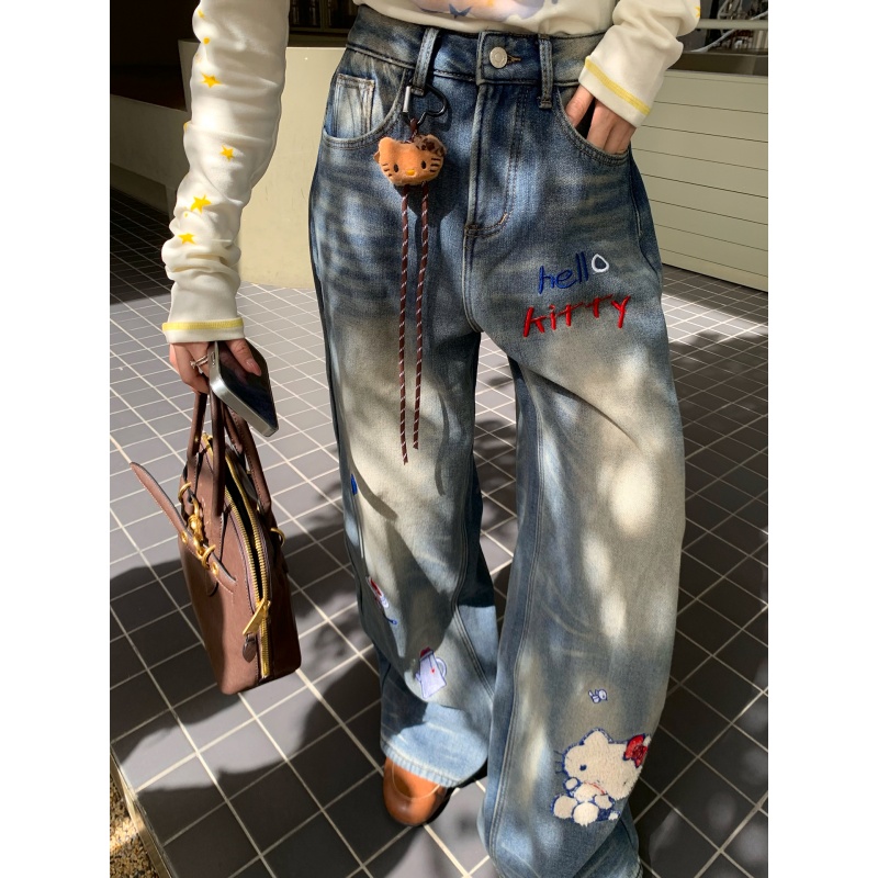 【送挂件】美式复古kitty猫牛仔裤女冬季新款设计感高腰直筒阔腿裤