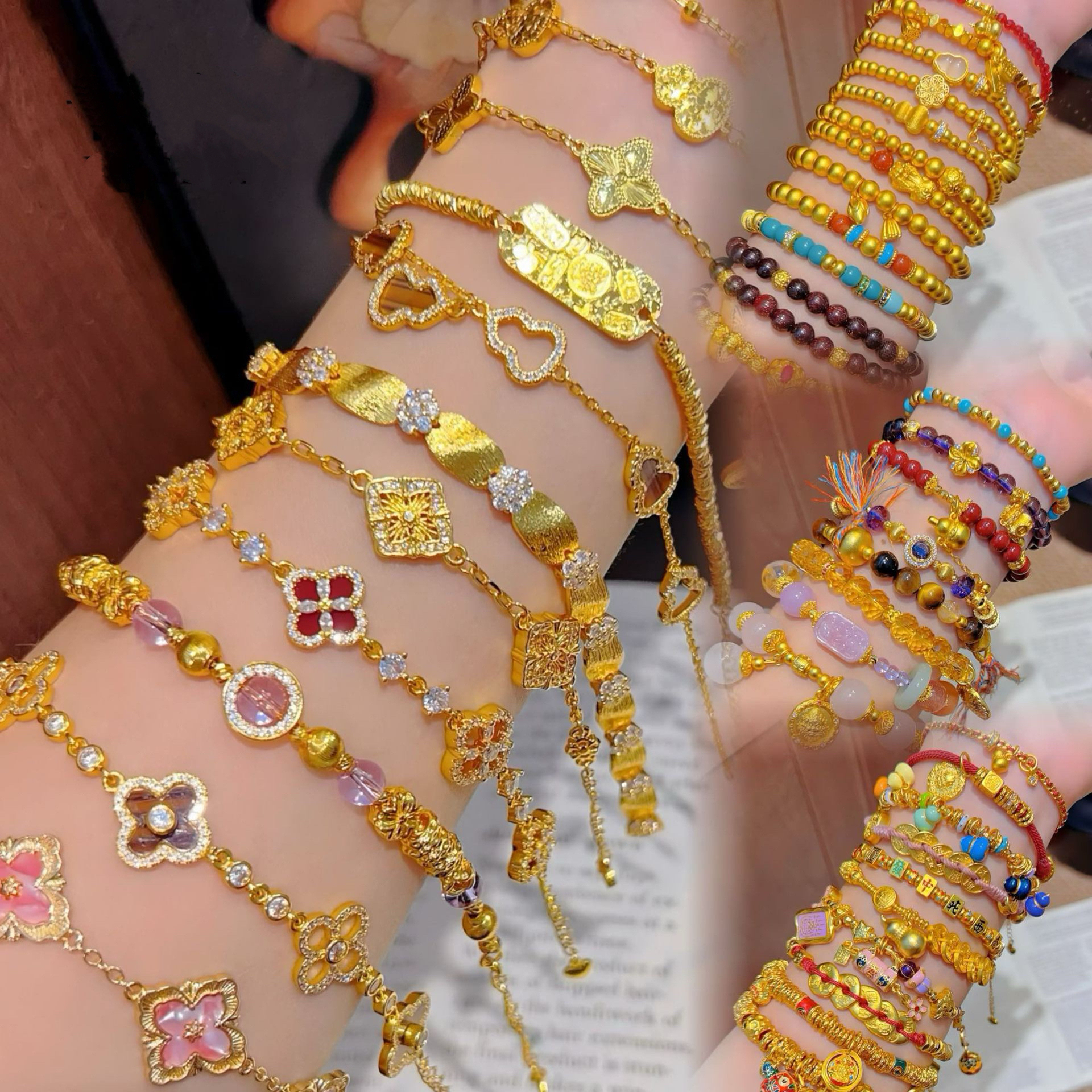 手链 金店同款爆款新中式五帝钱盘缠金珠手链DIY手链系列