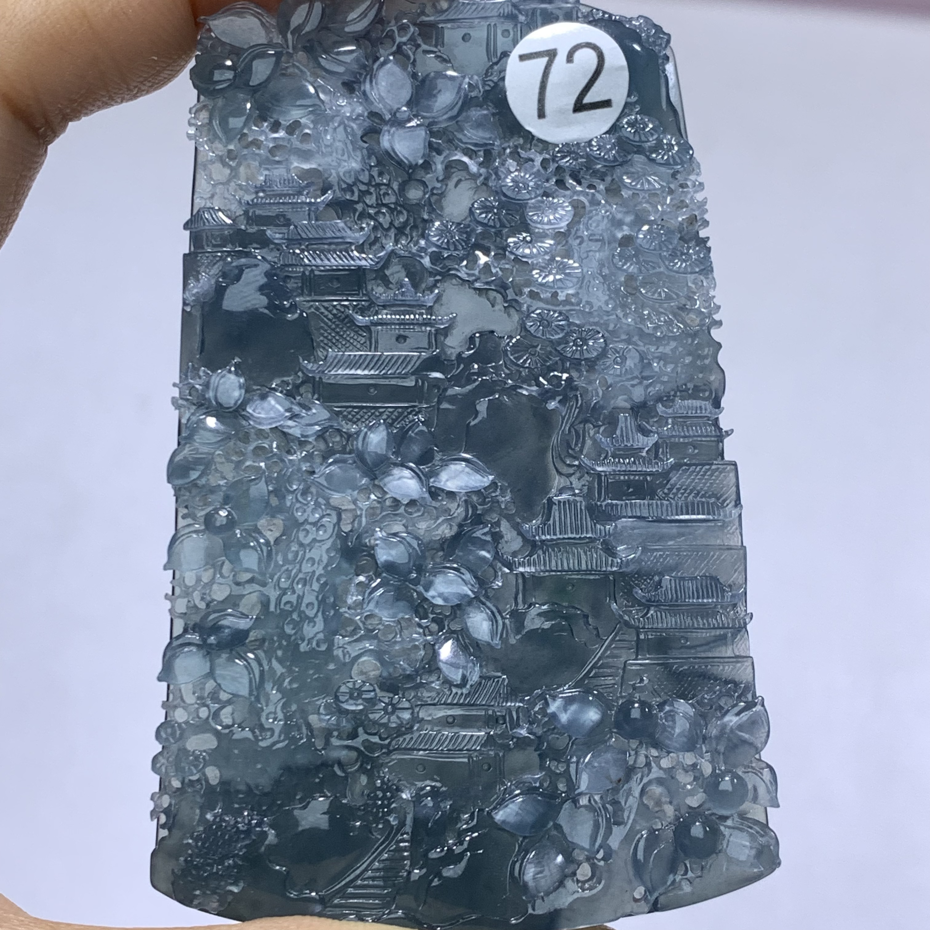 天然翡翠Ａ货高冰玻璃底纯手工立体镂空精雕山水