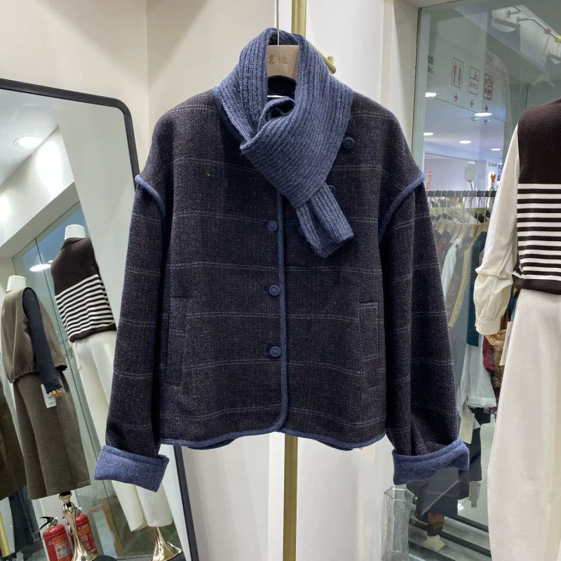 女秋冬季格纹短款宽松型短外套时尚毛呢百搭休闲上衣