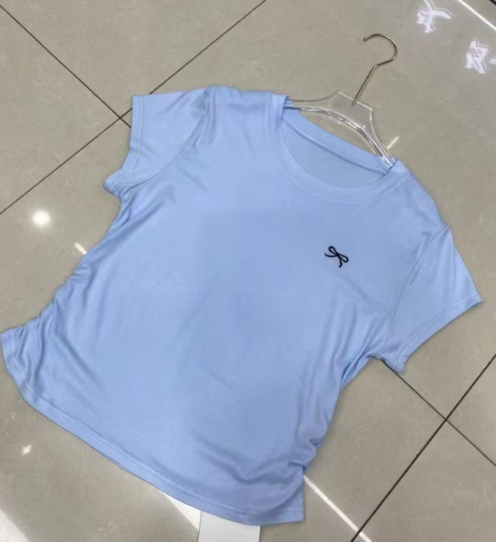 褶皱针织女士T恤健身刺绣圆领简约短袖蝴蝶蝴蝶结