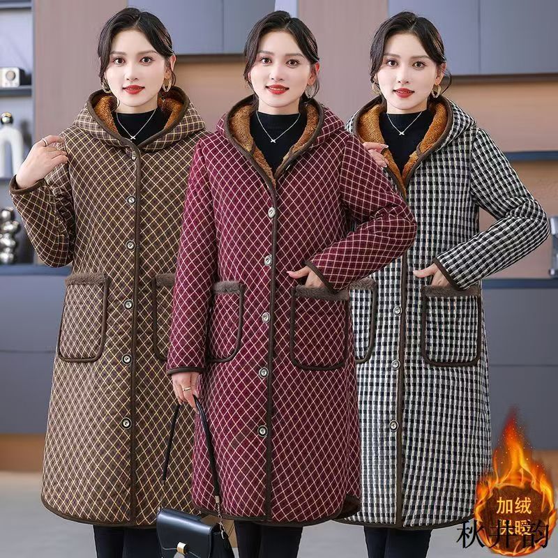 妈妈中老年冬季新款加绒连帽加厚外套棉袄过膝棉服中长款保暖棉衣