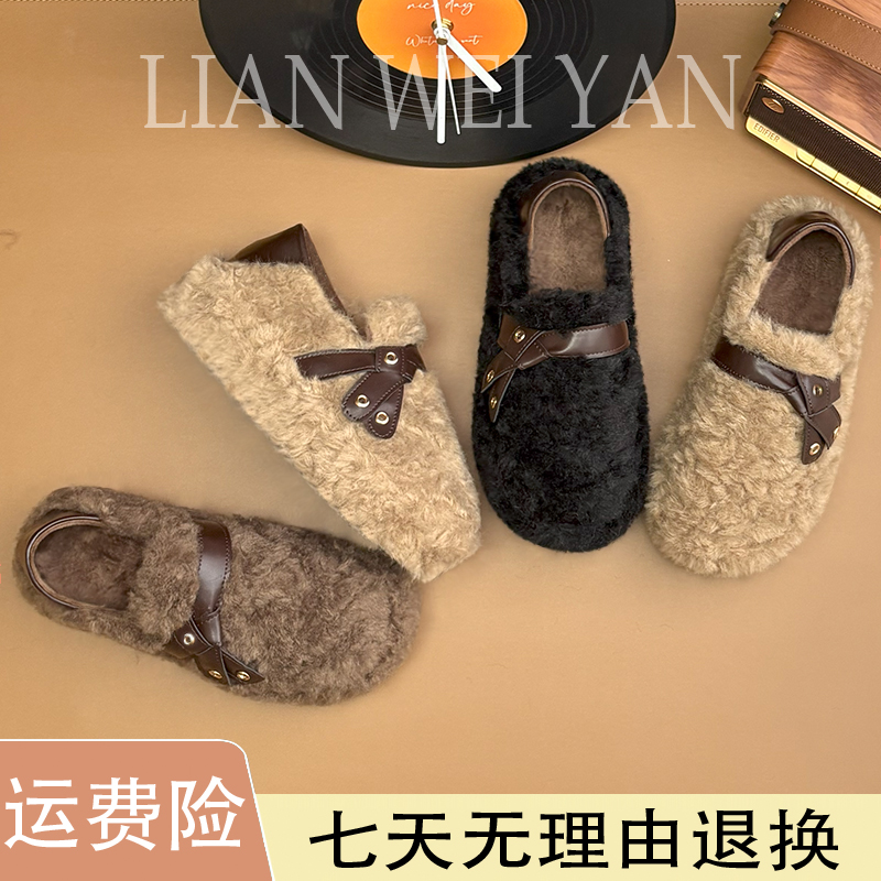 网红爆款毛毛鞋女外穿2025冬季新款厚底百搭一脚蹬豆豆鞋加绒棉鞋