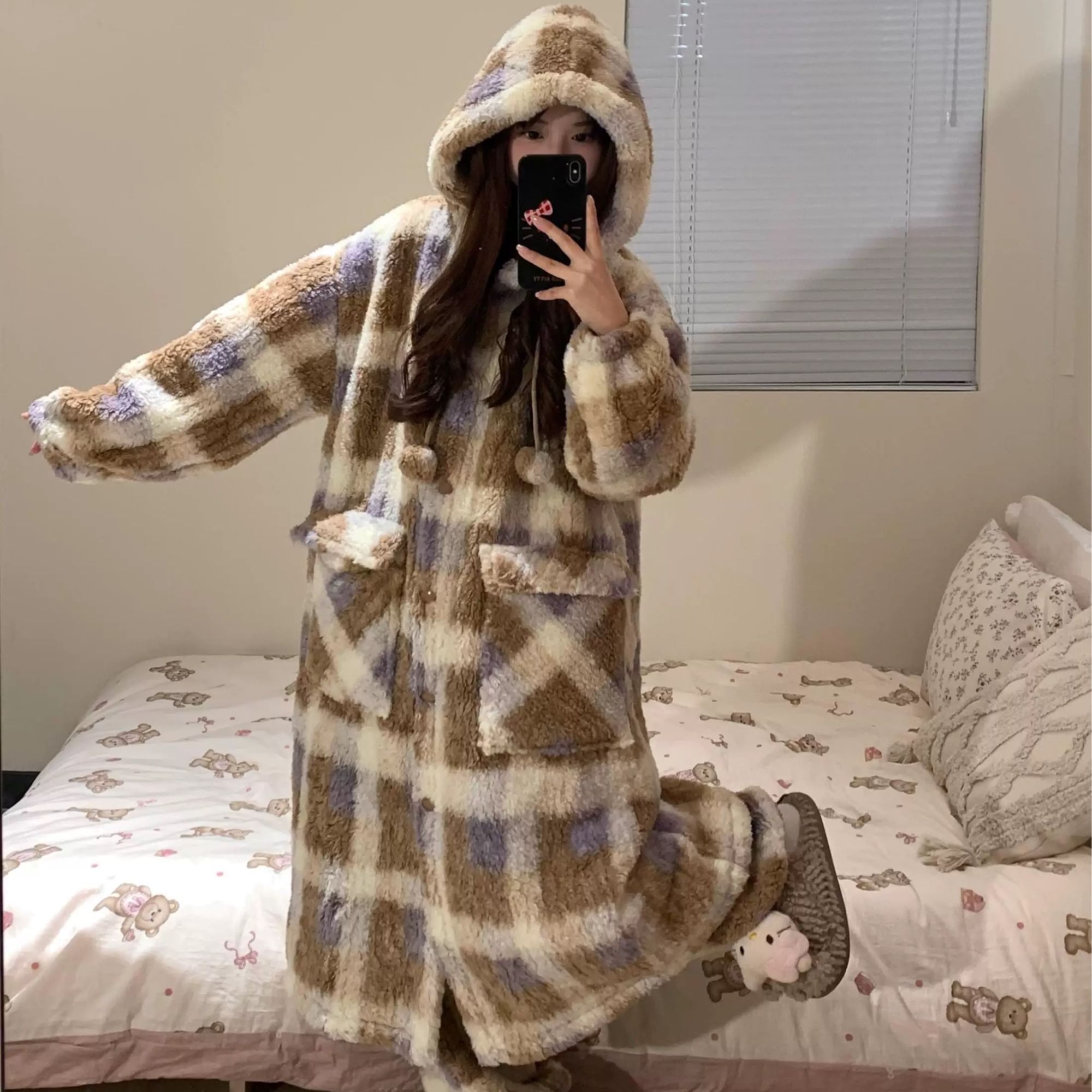 【高克重】冬季新款少女加绒加厚连帽珊瑚绒睡袍套装大码宅家睡衣