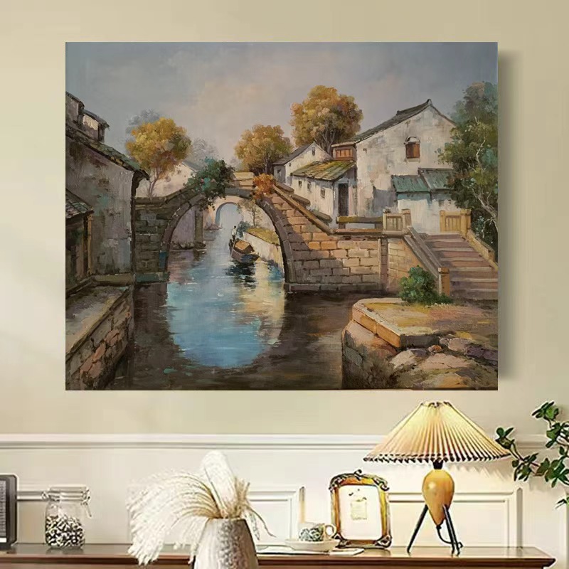 《水乡桥韵》50*60含内框，刘春建手绘油画装饰画，客厅背景墙挂画
