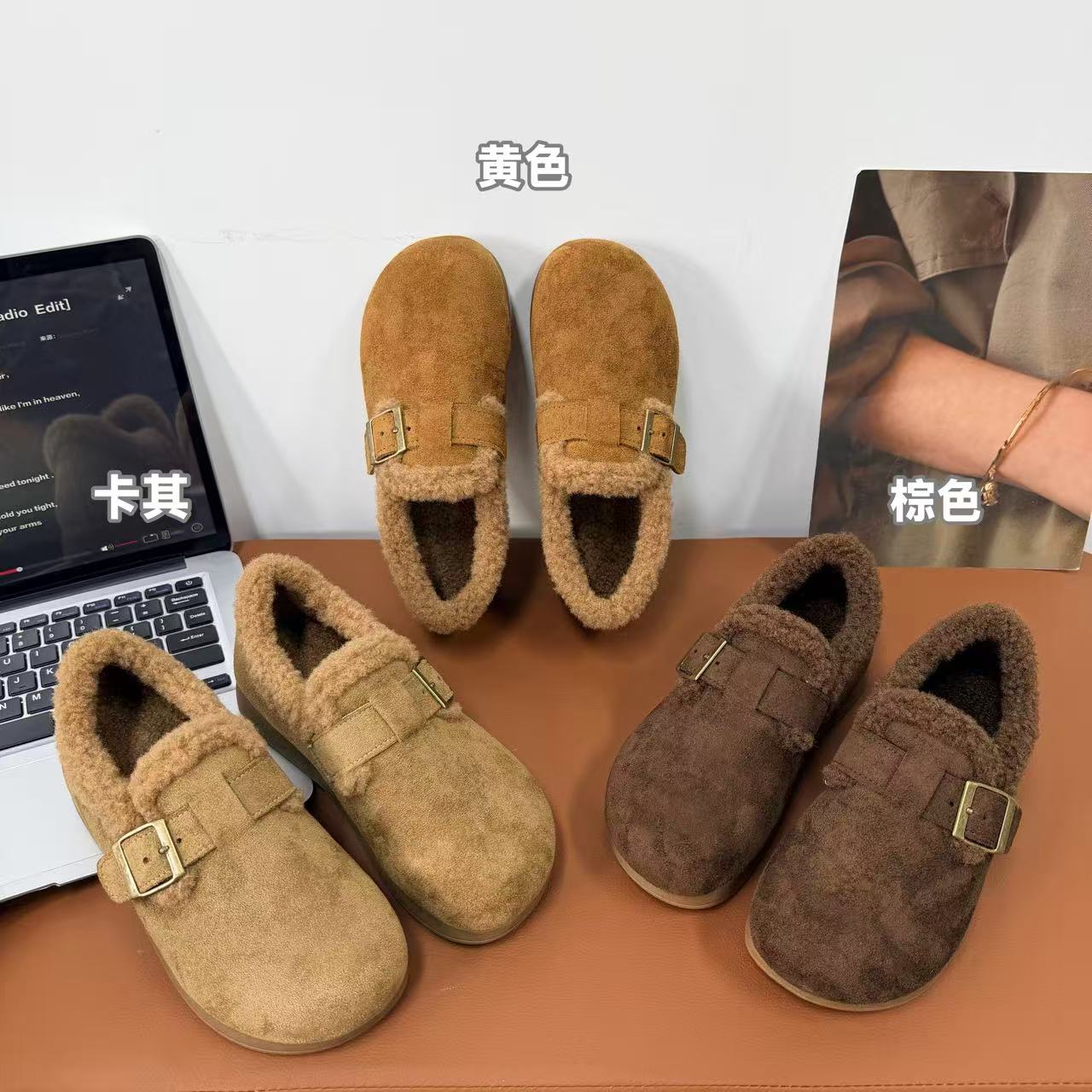 Z1106新款边扣圆头舒适百搭时尚加绒勃肯单鞋