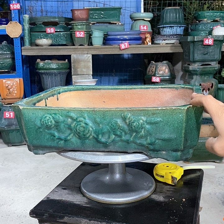 双**子石湾绿釉拗角长方盆