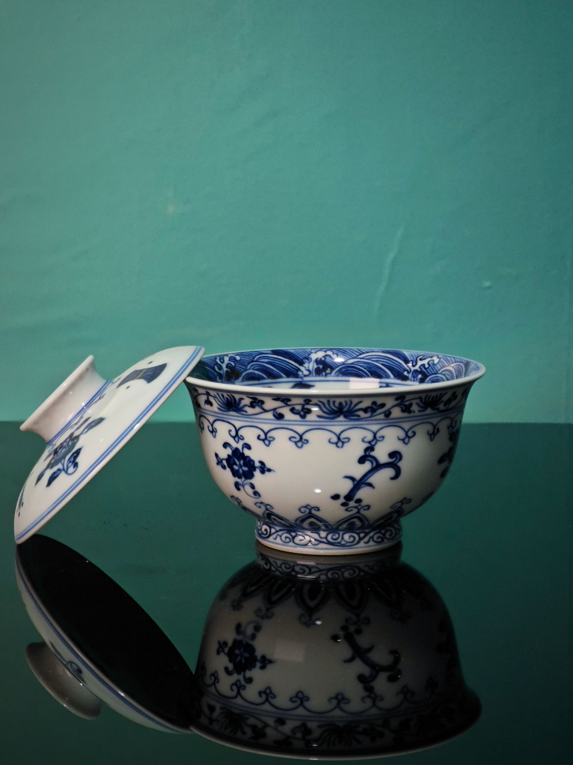 寒丰柴窑全手工古法制瓷高温杂宝盖碗釉下青花仿明青花盖碗