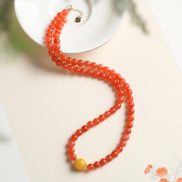 （桃）约6mm圆珠南红配蜜蜡项链（多样性发货）