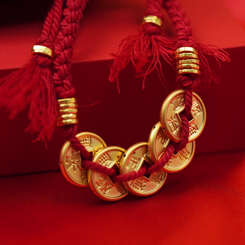 百德金足金999黄金5D工艺五帝币古法盘缠手串手工编织JN50001