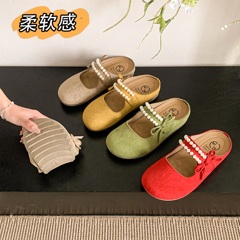 2025春夏季新款时尚百搭仙女风软底包头一脚蹬魔术贴珍珠勃肯半拖