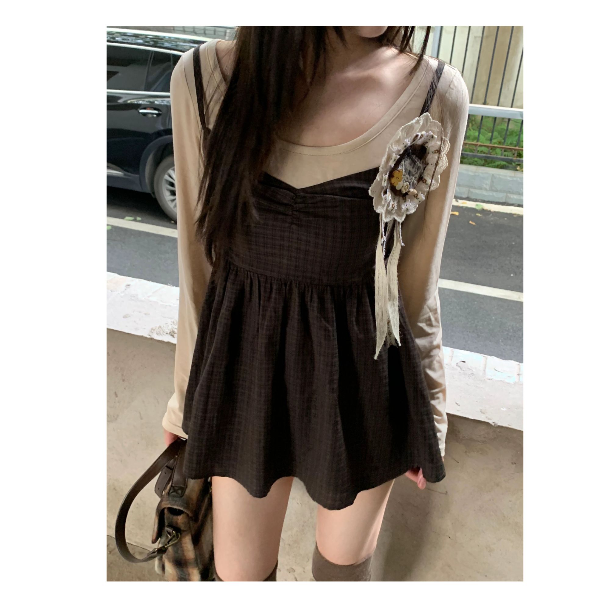 NECY【楠楠专属】琥珀流光拼接假两件格纹上衣ins设计师款