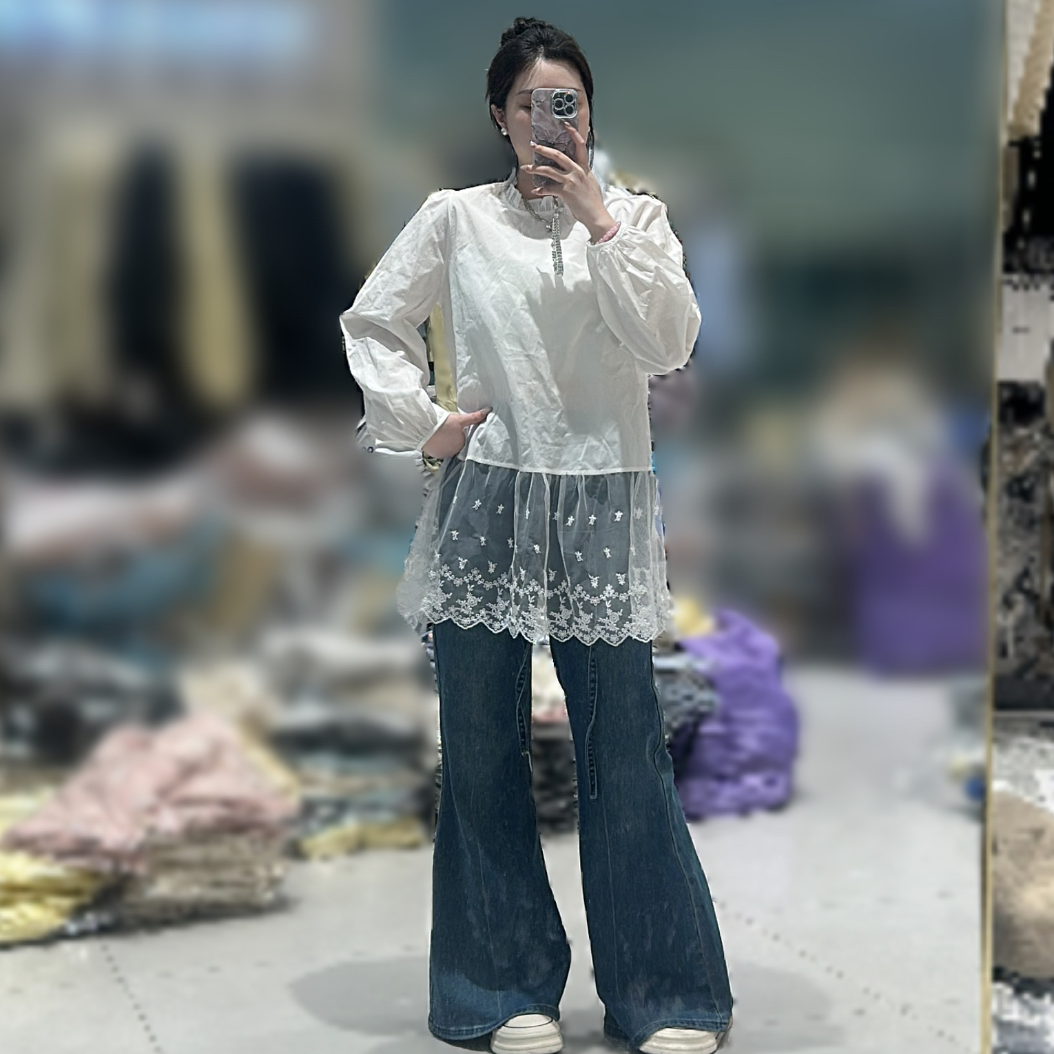 【思思专属】荷叶边接蕾丝衬衫新款春季白色简约上衣衬衣