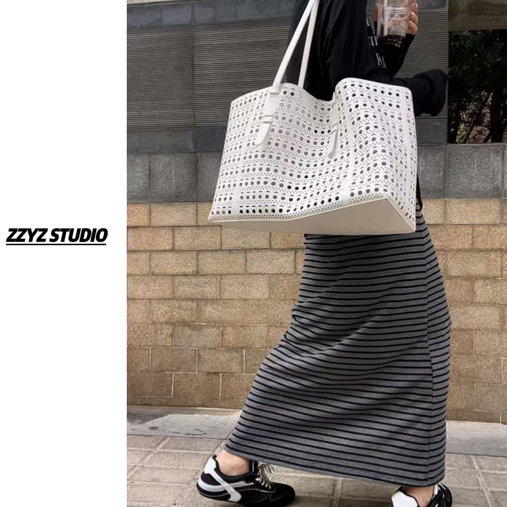 【ZZYZ】“比例条纹”黑灰条高腰显瘦条纹半身裙薄款小众设计百搭长裙