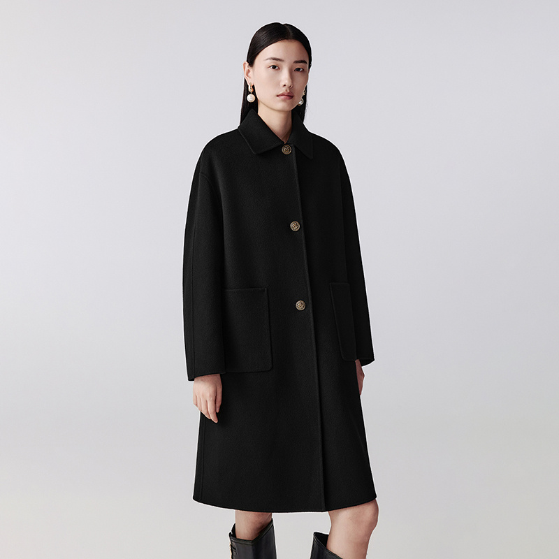 【宋佳同款】LANCY/朗姿2025冬新款气质双面呢长大衣女翻领黑色外套