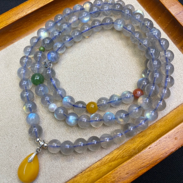 A598-李寻欢【三圈灰月光6mm+蜜蜡坠】多圈手串/手链-多样性发一