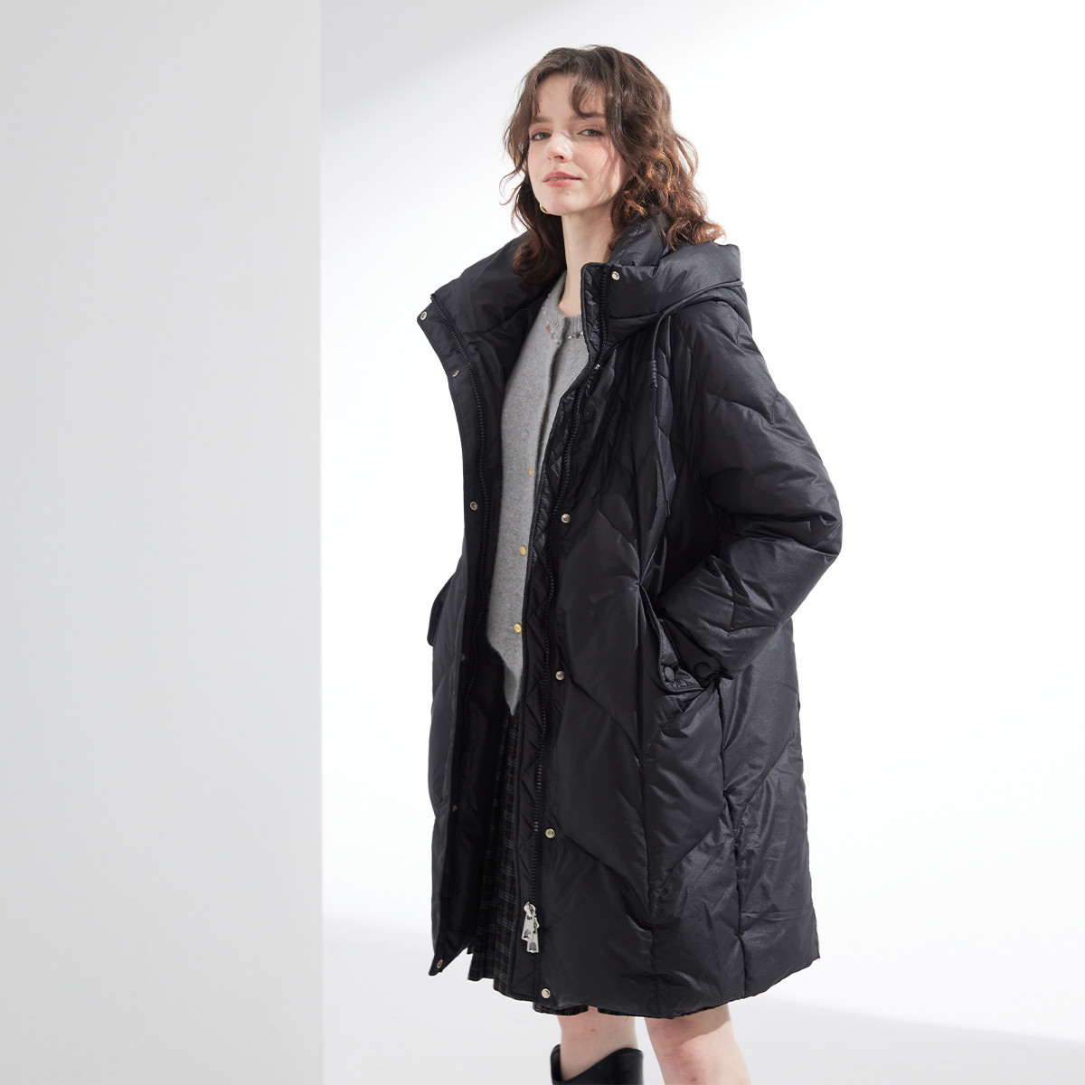 【90鸭绒】25冬款中长款连帽外套上衣宽松休闲保暖女