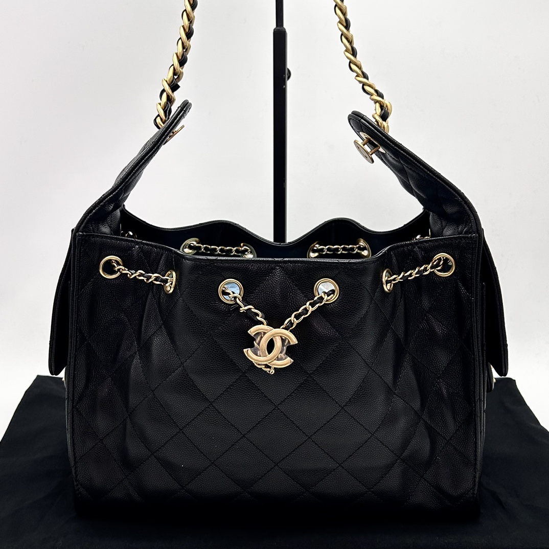 99新 Chanel/香奈儿 25bag小号黑金荔枝牛皮手提单肩包71541