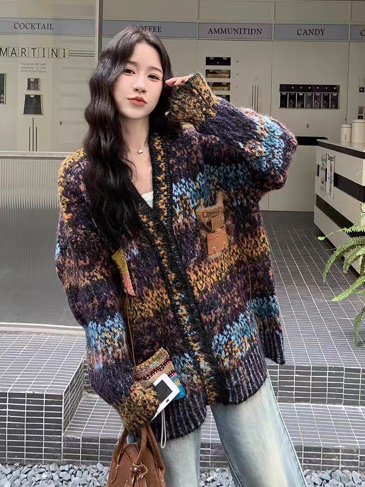 复古名族风高级感毛衣外套女秋冬新款宽松慵懒中长款加厚针织开衫