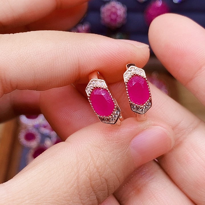 耳饰银S925镶嵌红宝石