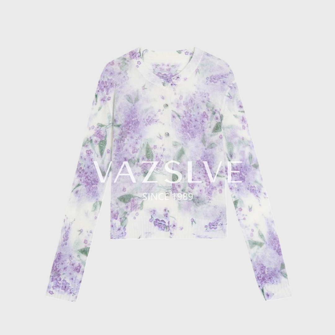  【VAZSLVE/全新奢品】捡漏 紫色时尚印花薄款圆领开衫针织衫msl065