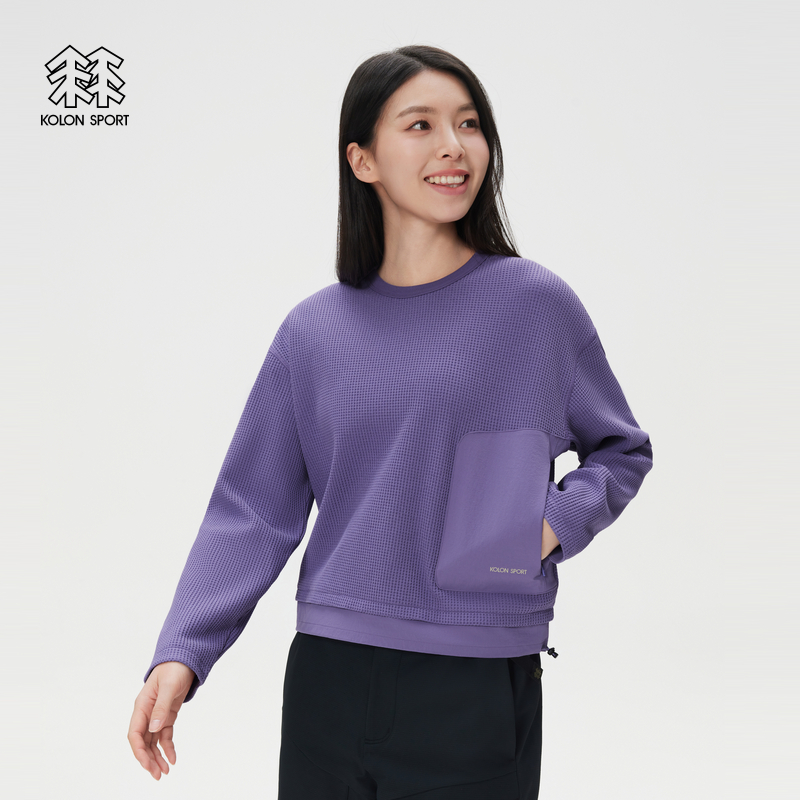 KOLON SPORT可隆吸湿速干T恤女士露营华夫格针织CROP长袖T恤
