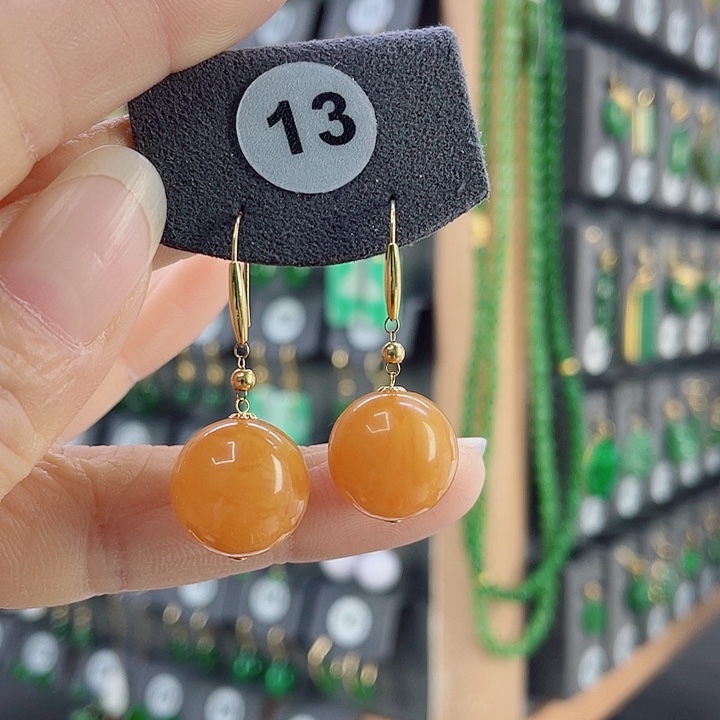 蜜蜡18K金镶嵌耳饰