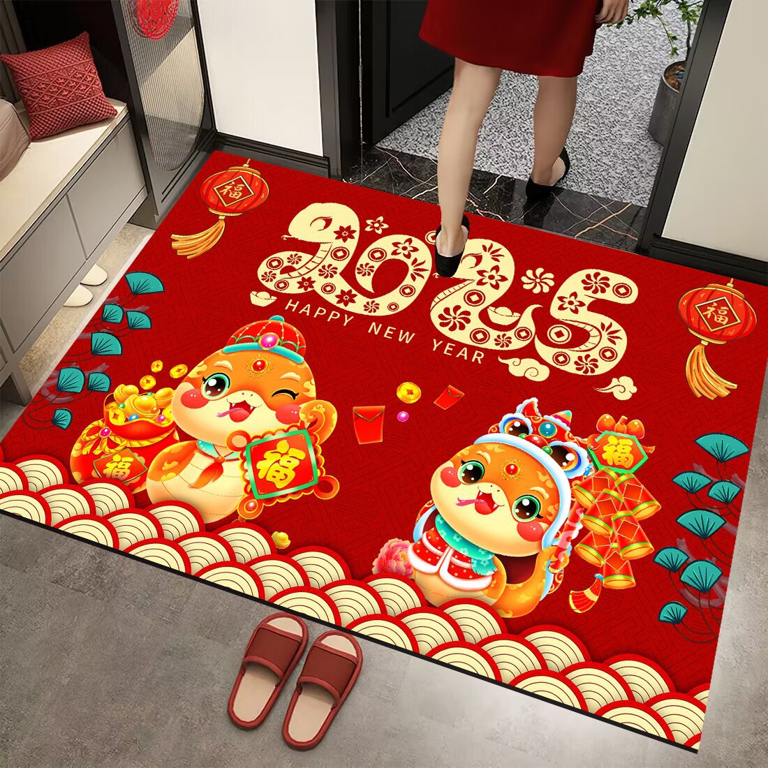 2025年蛇年新春喜庆门垫玄关浴室入户地垫水晶绒脚垫家用新年地毯