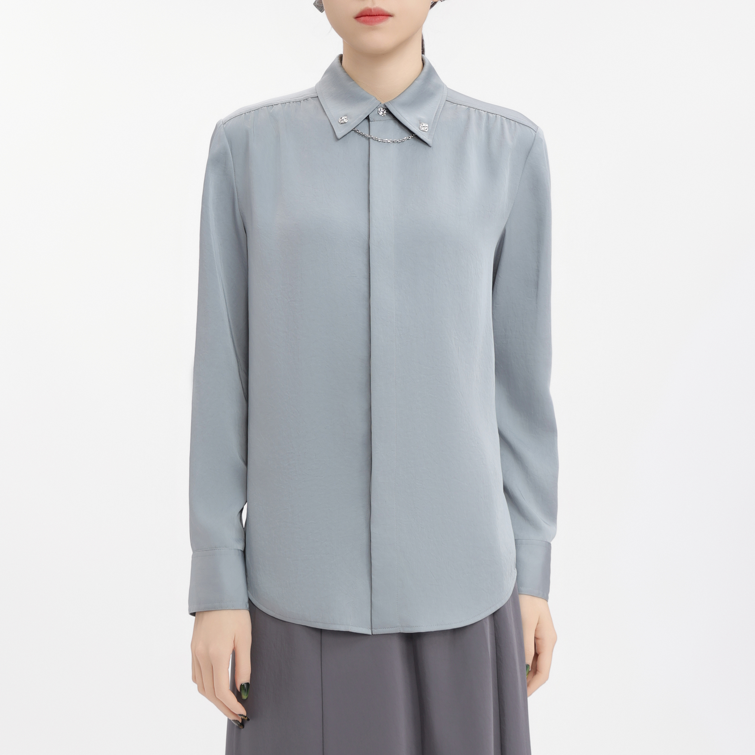 AMASS/阿玛施 新中式气质色丁长袖女衬衣附金属链扣女5300988