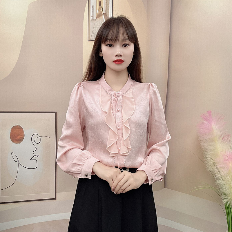 秋季新款高级感气质圆领荷叶边长袖衬衫女时尚洋气百搭显瘦上衣