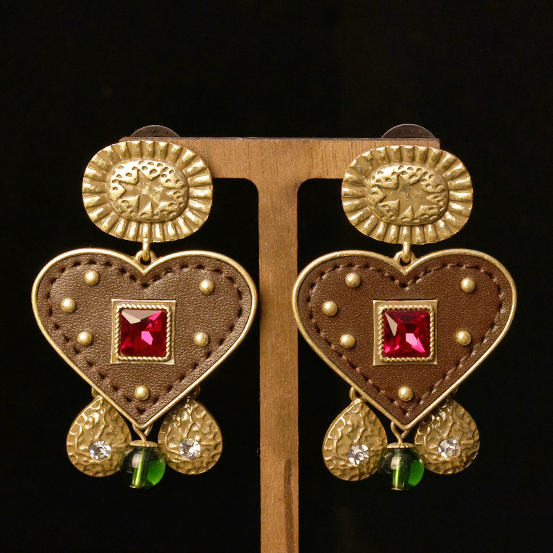 铜合金皮质耳饰 中古vintage复古爱心小牛宫廷西部牛仔风耳饰耳钉