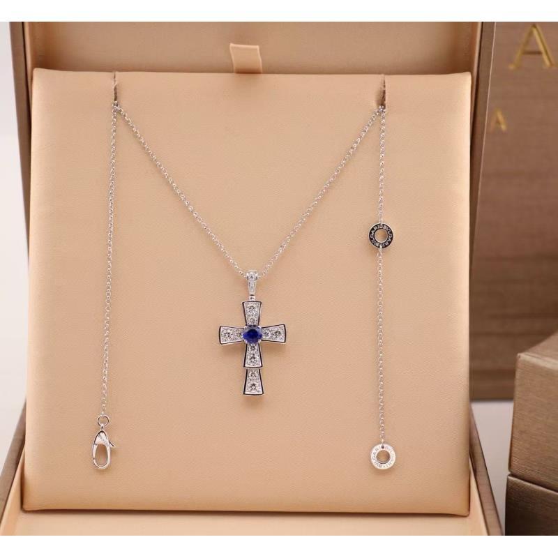 99新 BVLGARI/宝格丽  18k白金蓝宝石满钻蛇骨十字架项链
