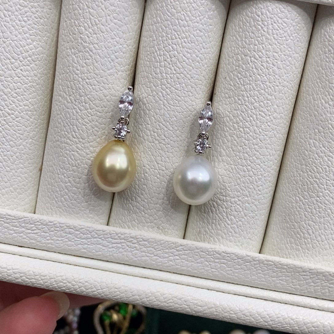 银S925镶嵌海水珍珠耳饰9-10澳白金珠双色