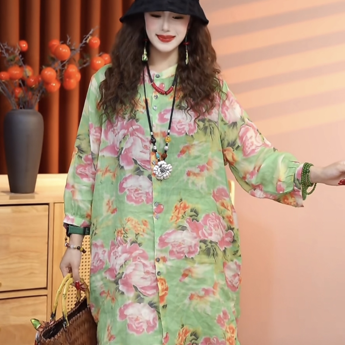 【“绿蔷薇”】2025新款“早春觉陇”大版纯苎麻中长款女上衣70111
