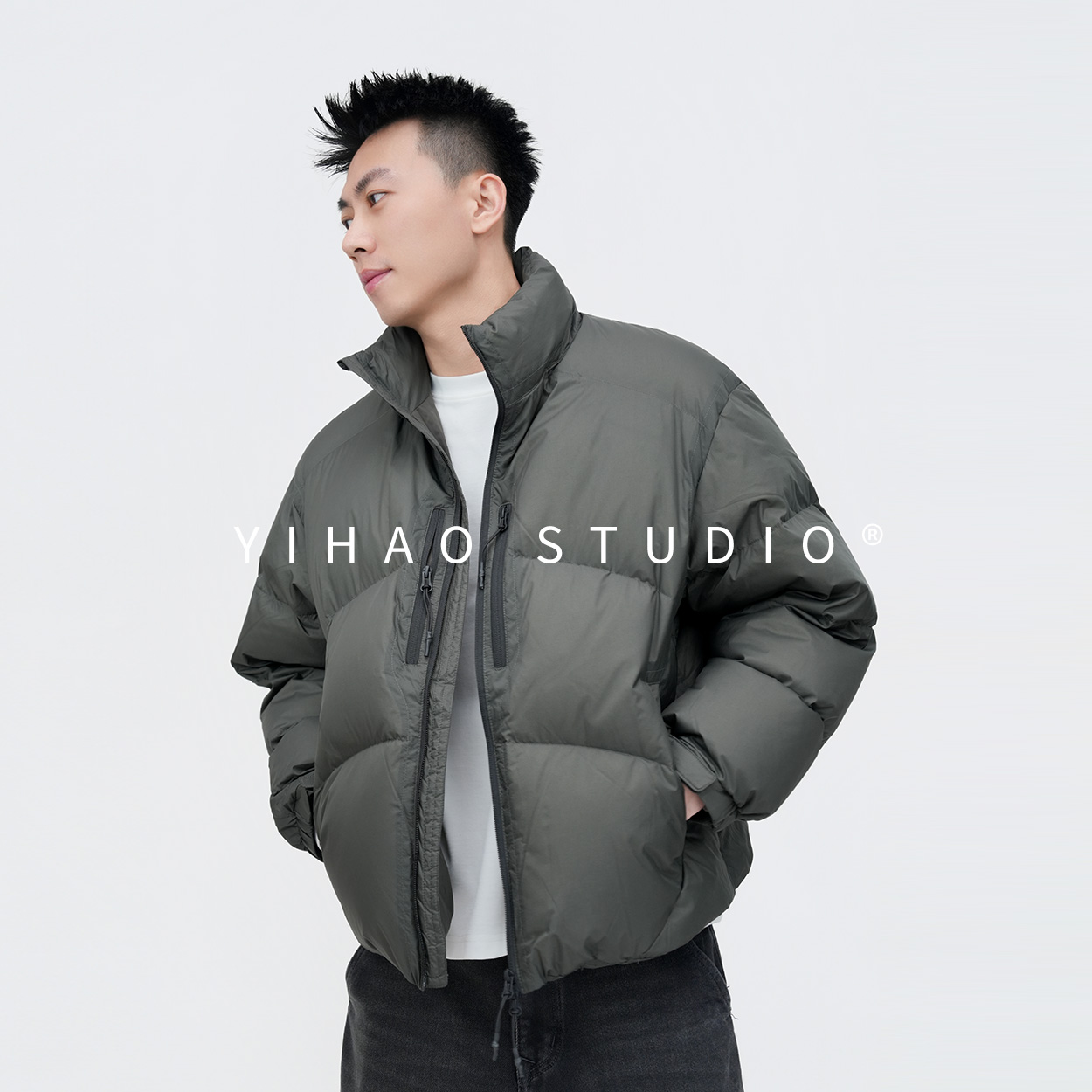 YIHAO STUDIO冬季男款90白鸭绒羽绒服百搭保暖休闲立领短款外套