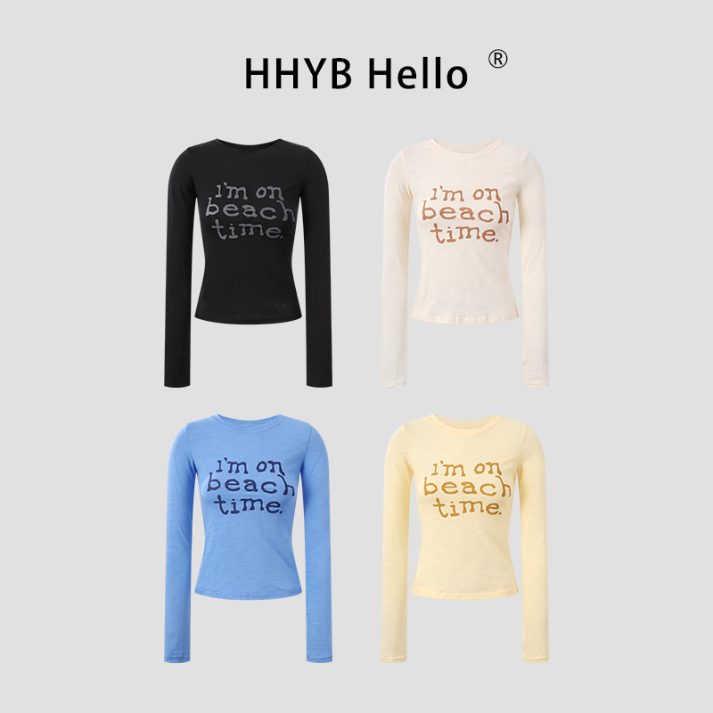 HHYB Hello字母印花圆领长袖T恤女秋季2025新款打底衫上衣250642